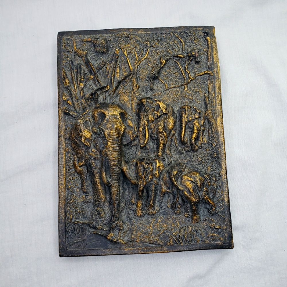 Faux Bronze Relief Elephant Family in Forest 3D Tribal
